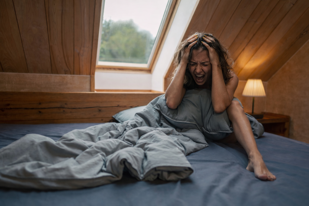 woman sitting on bed looking concerned pelvic discomfort