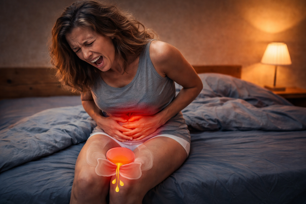 woman holding lower abdomen pain pelvic floor weakness