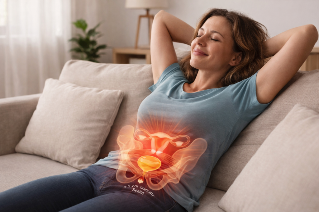 woman relaxed on sofa feeling relief after pelvic health improvement