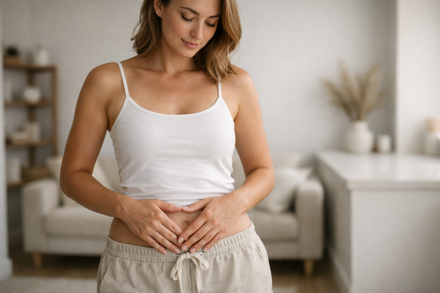 Woman standing in a bright home environment gently touching her lower abdomen, wellness and deep core health concept