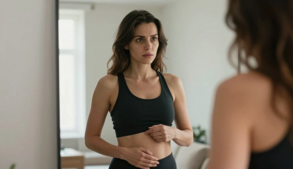 Woman standing and observing her lower abdomen in mirror, minimal home environment, wellness concept