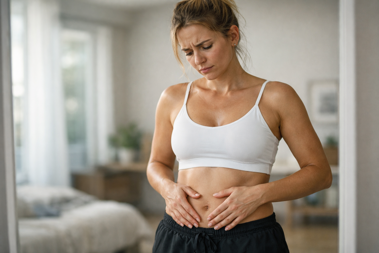 Woman holding lower belly looking frustrated in mirror while standing in bright modern home.