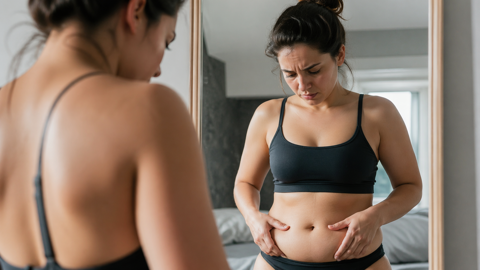 Woman touching lower belly looking frustrated in front of mirror, symbolizing struggle with belly fat and body dissatisfaction