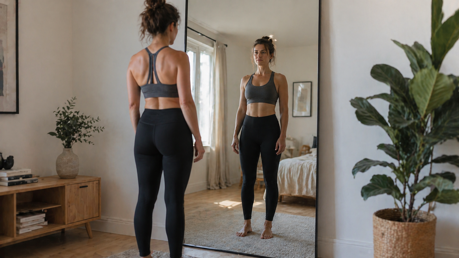 Woman practicing deep core breathing with hands on ribs in a clean modern home environment