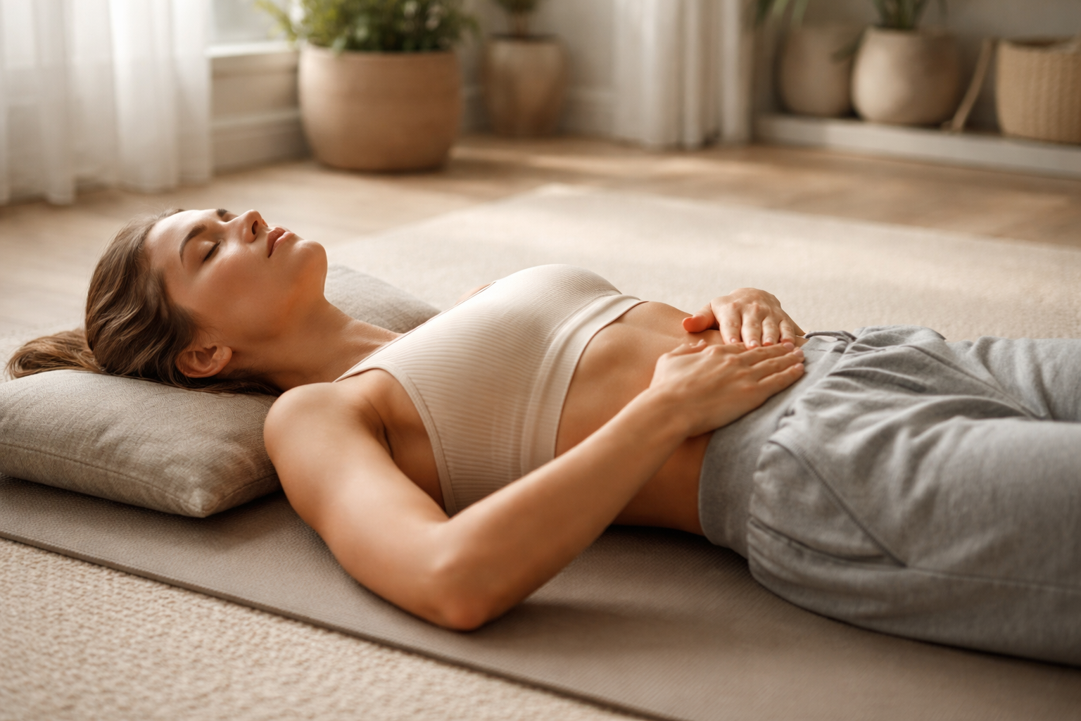 Woman lying on yoga mat practicing gentle breathing and core activation in minimal home setting