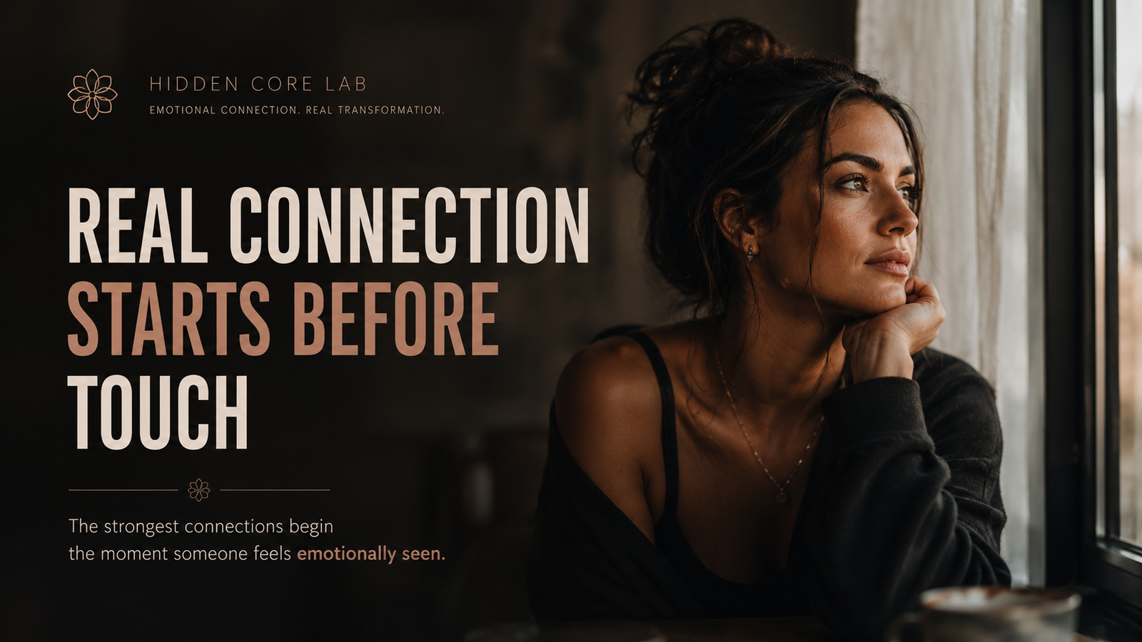 Thoughtful woman in cinematic soft lighting representing emotional connection and emotional safety