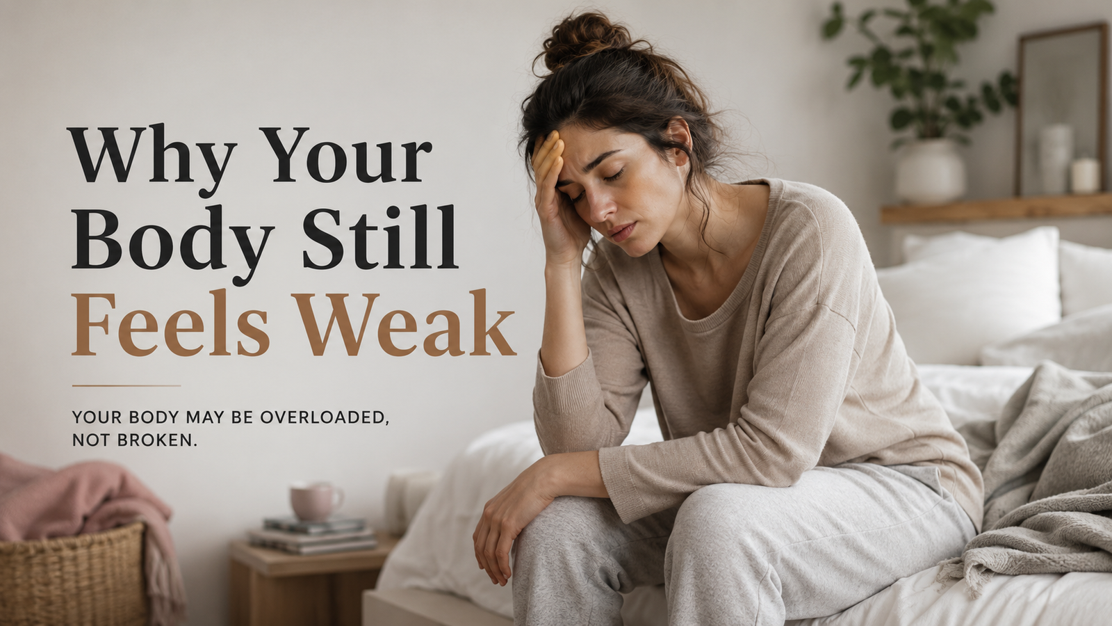 Woman sitting quietly feeling physically exhausted and emotionally drained in a calm minimalist room